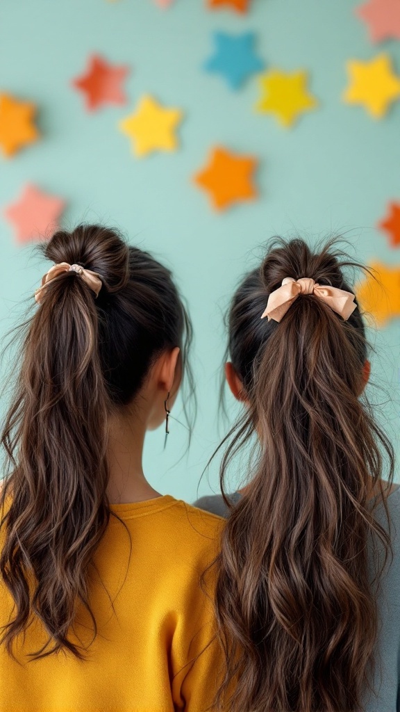 Two girls with double messy ponytails, wearing colorful tops and bows, against a backdrop of colorful star decorations.