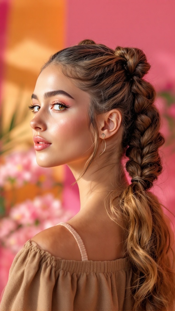 A woman with double ponytails styled elegantly, showcasing a playful hairstyle.