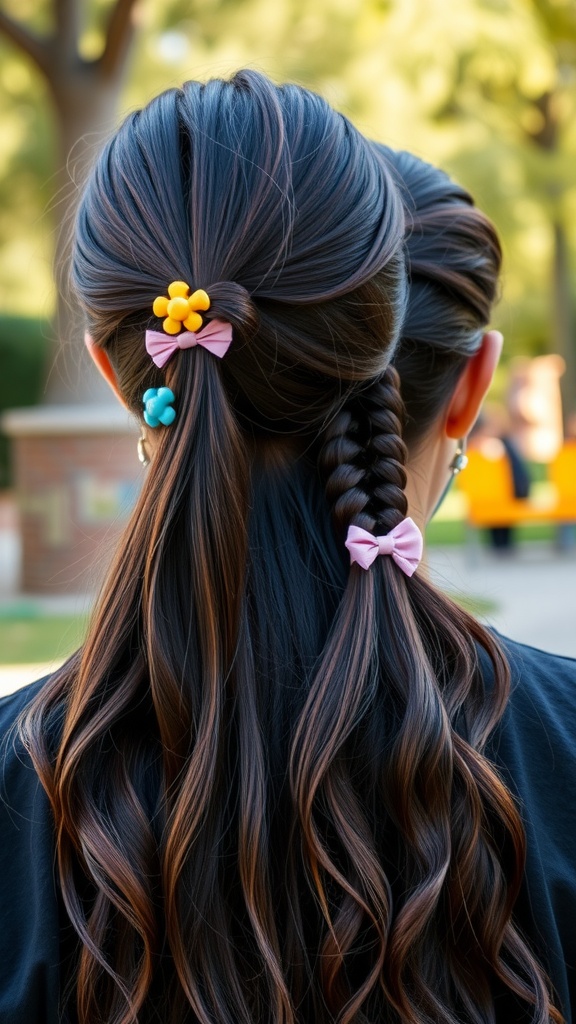 Back view of a hairstyle featuring double ponytails adorned with colorful hair clips.