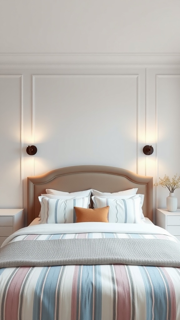 A cozy bedroom featuring a plush bed with double sconces on either side, showcasing a balanced and stylish design.