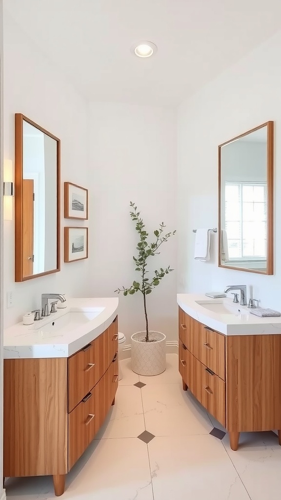 A modern bathroom featuring a double sink arrangement with wooden cabinetry and mirrors.