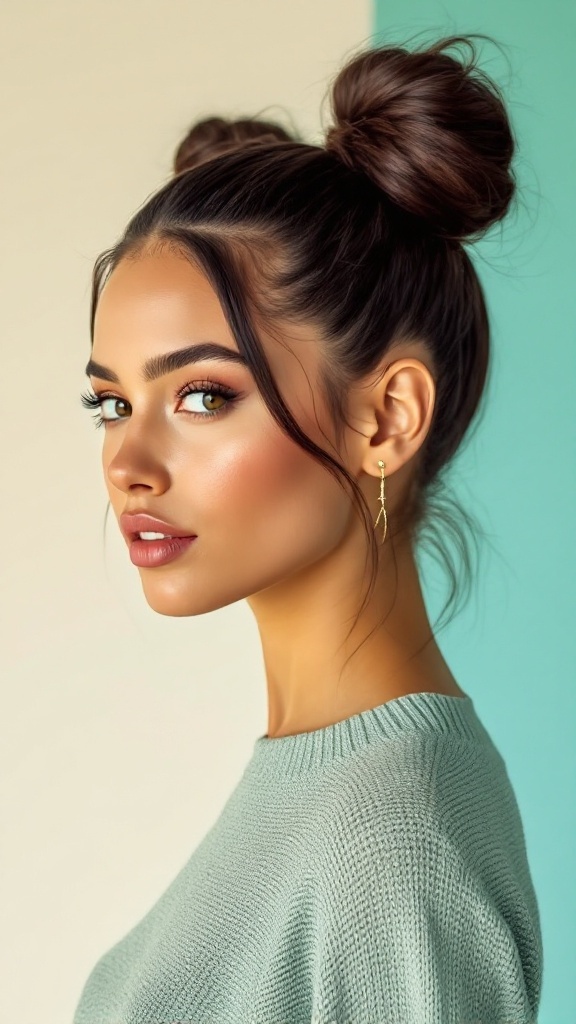Woman with double sleek buns hairstyle, showcasing a stylish and playful look.
