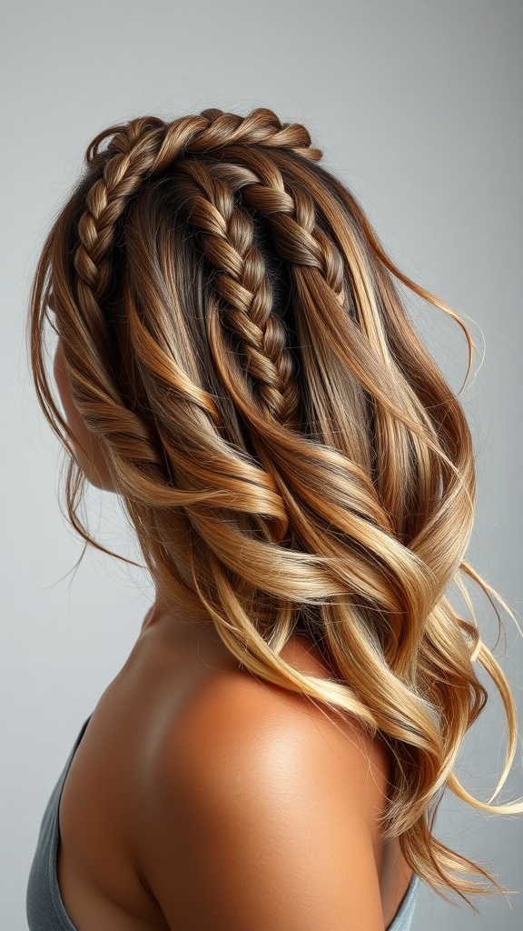 A hairstyle featuring double twisted braids and beach waves