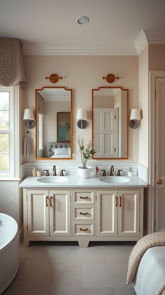 A stylish double vanity in a bathroom featuring two sinks, elegant cabinetry, and warm lighting.