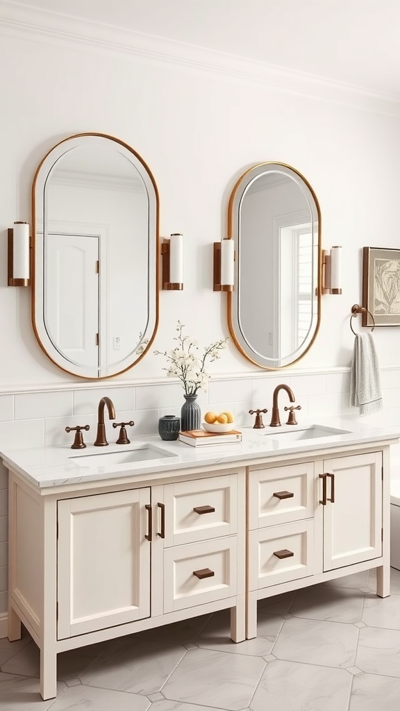 Double vanity with chic fixtures and elegant mirrors in a luxurious master suite bathroom.