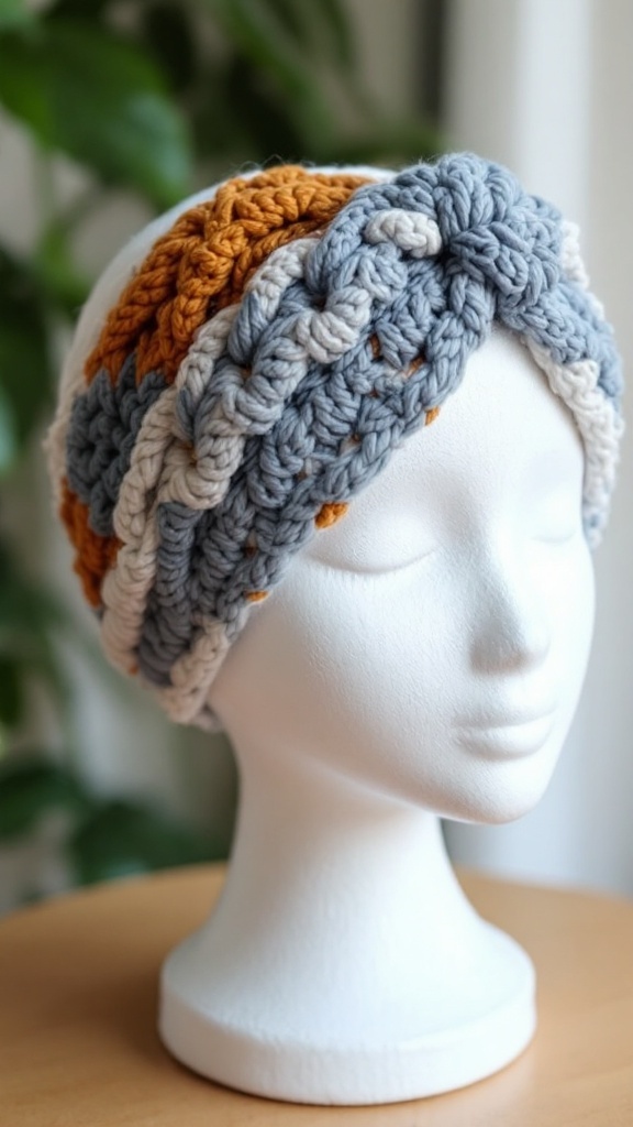 A double wrap crochet headband displayed on a mannequin head, featuring orange, gray, and cream colors.