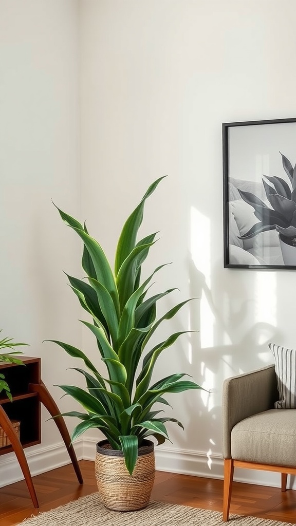 A tall Dracaena plant in a woven pot, situated in a well-decorated room with a chair and artwork.