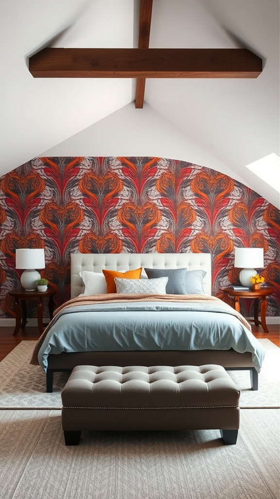 A stylish bedroom with a sloped ceiling featuring a dramatic accent wall with vibrant wallpaper, wooden beams, and cozy bedding.