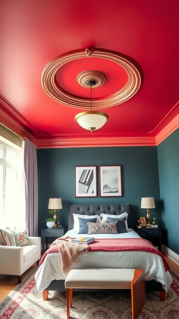 A bedroom featuring a bright red ceiling with elegant detailing, deep teal walls, and stylish decor.