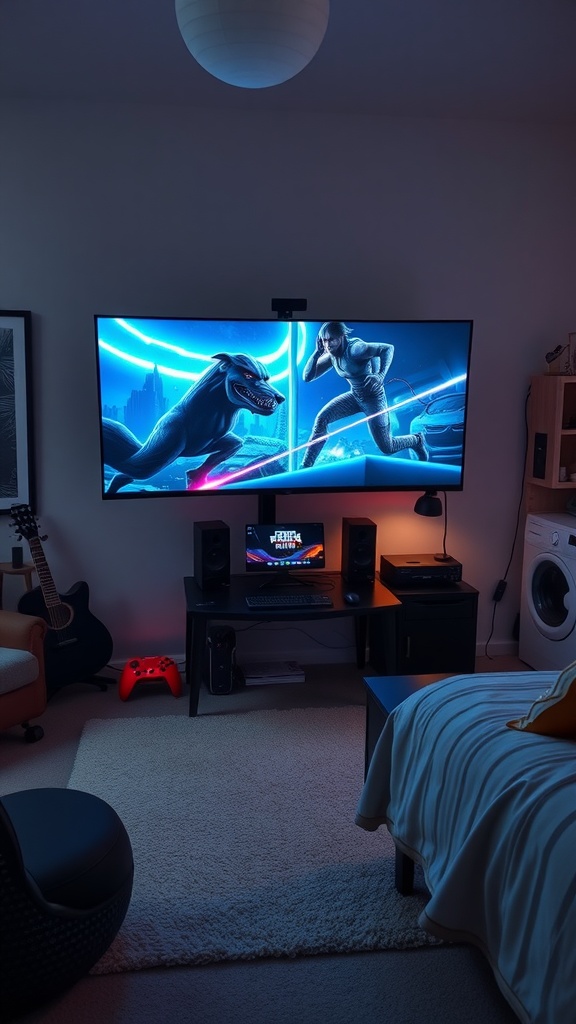 A cozy gamer bedroom featuring a large TV displaying game art, a gaming setup with speakers, and a warm atmosphere.