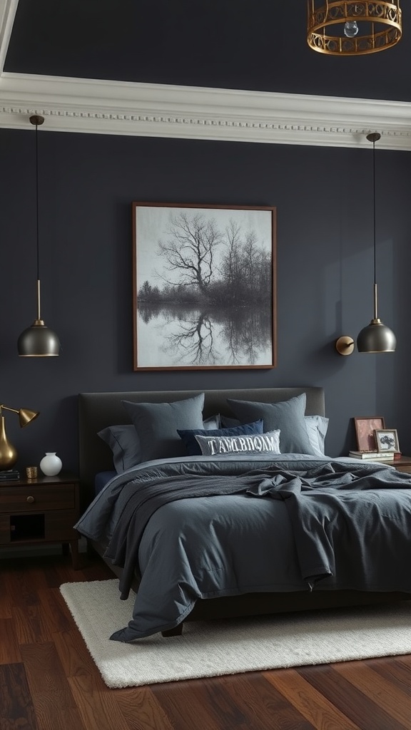 A stylish gray bedroom featuring a charcoal gray wall, layered bedding, and elegant lighting.