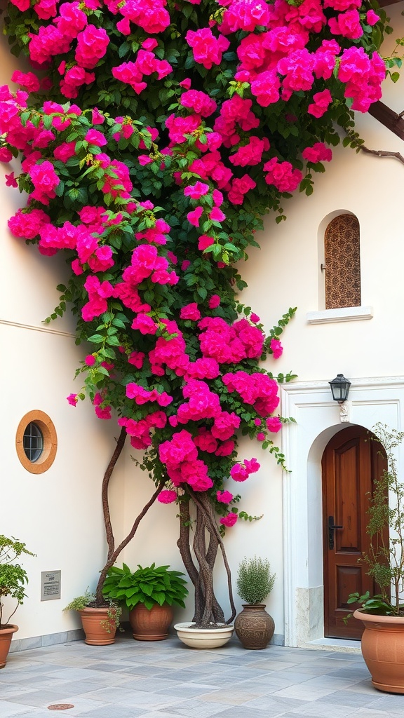 A vibrant bougainvillea climbing plant in a Mediterranean courtyard.