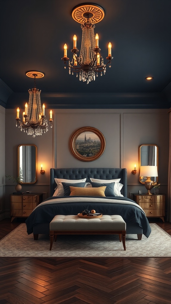 A luxurious bedroom with a dark blue ceiling, elegant chandeliers, and stylish decor.