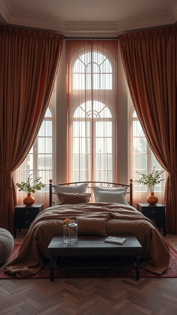 A romantic bedroom featuring dramatic drapery, warm colors, and cozy furnishings.