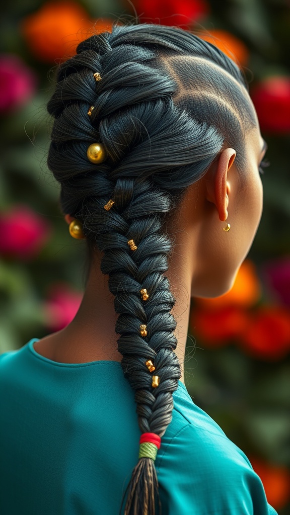 A dramatic fishtail braid adorned with gold beads and colorful threads.