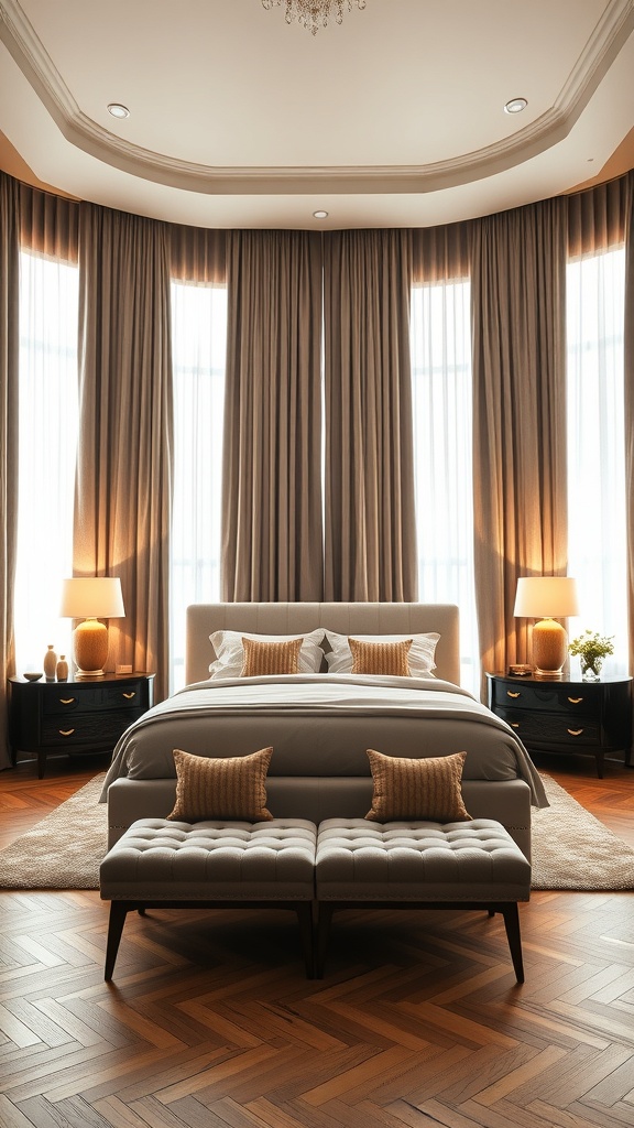 A beautifully decorated bedroom featuring floor-to-ceiling curtains, a plush bed, and stylish lamps.