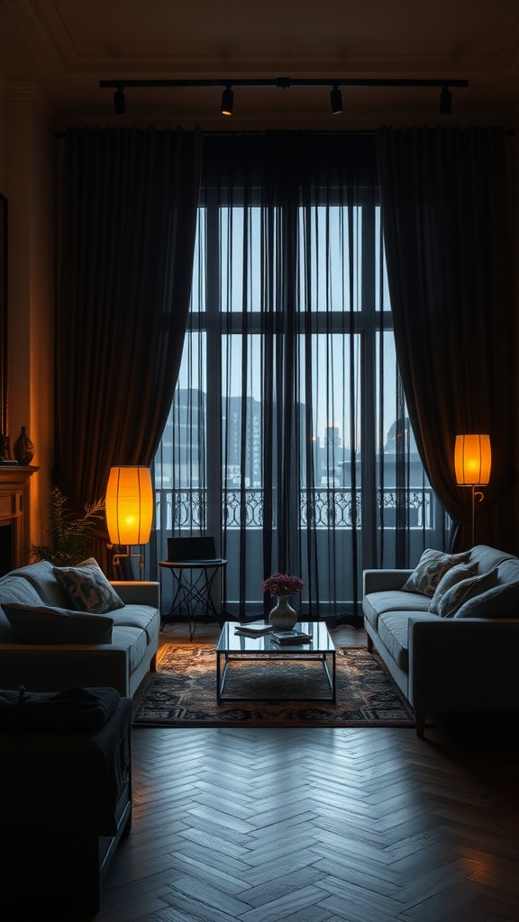 A dimly lit living room featuring black curtains, cozy seating, and soft lighting.