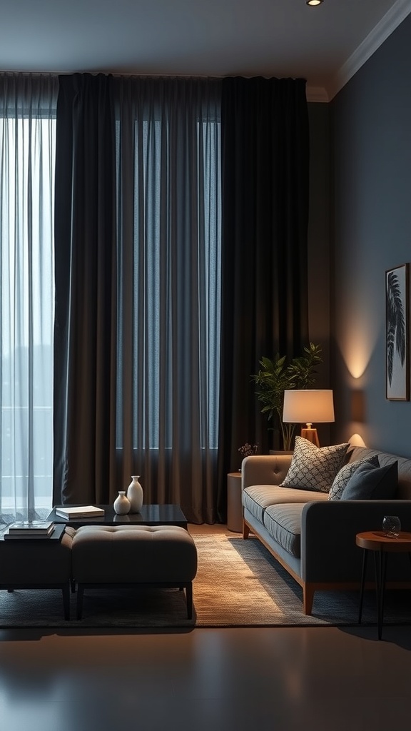 A cozy living room featuring black curtains, a grey sofa, and warm lighting.