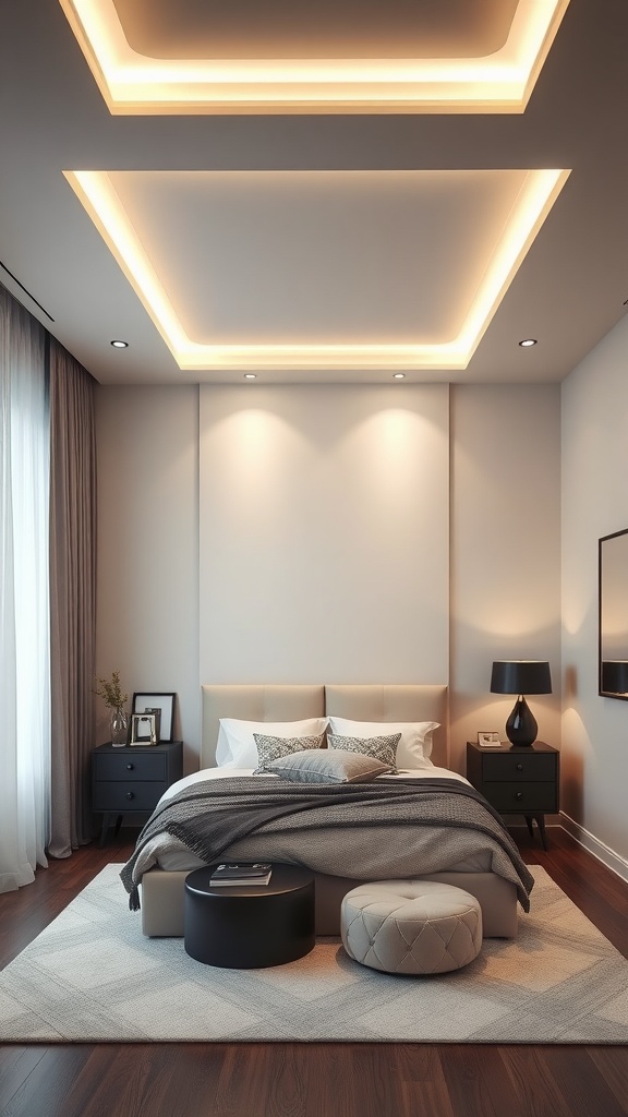 A modern bedroom featuring a statement ceiling with warm recessed lighting.