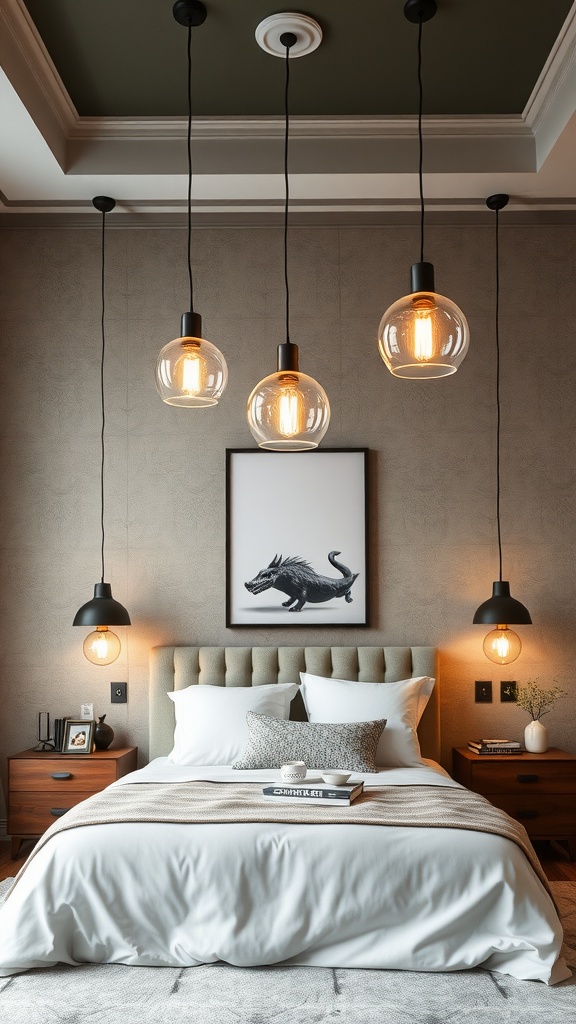 A modern bedroom with dramatic pendant lights hanging above the bed, showcasing a stylish design.