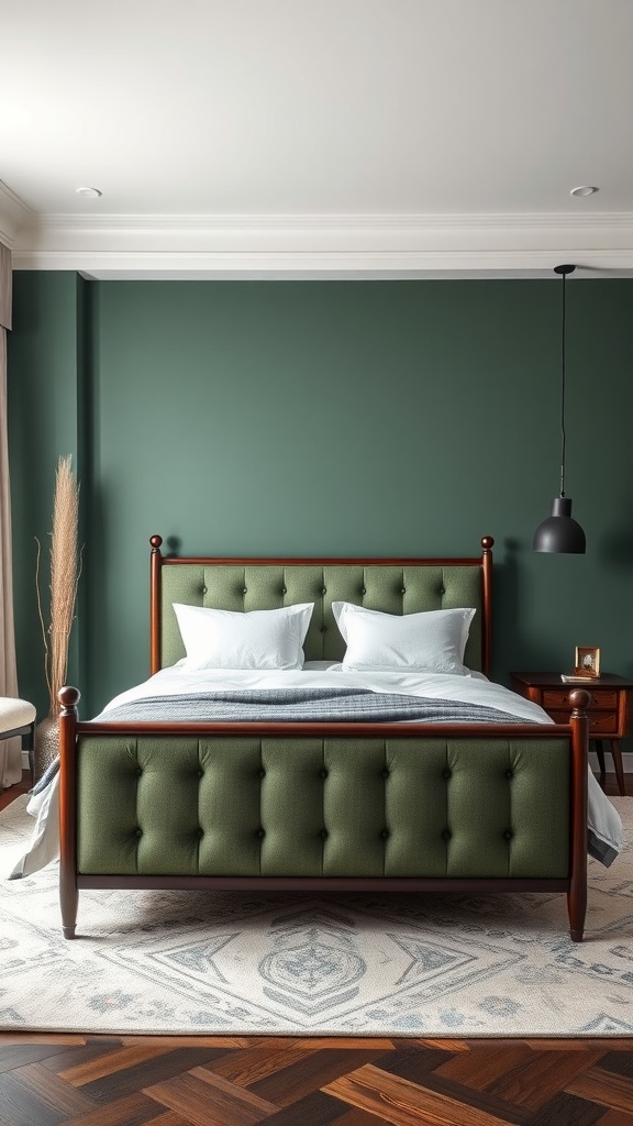 Bedroom featuring a sage green wall, tufted bed frame, and cream bedding