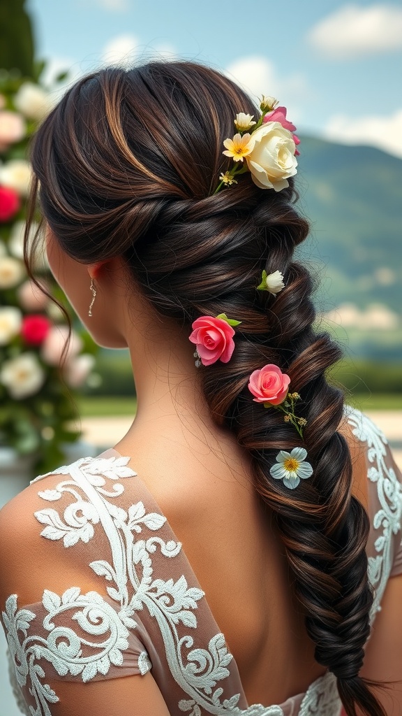 A close-up of a dramatic side braid adorned with flowers, showcasing a romantic hairstyle for a wedding guest.