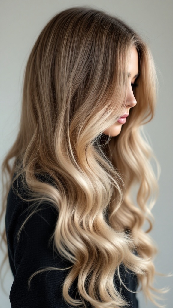 A woman with long, wavy hair styled in a dramatic side sweep
