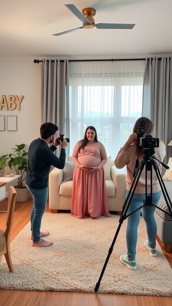 A woman in a pink dress holding her baby bump while being filmed in a cozy living room