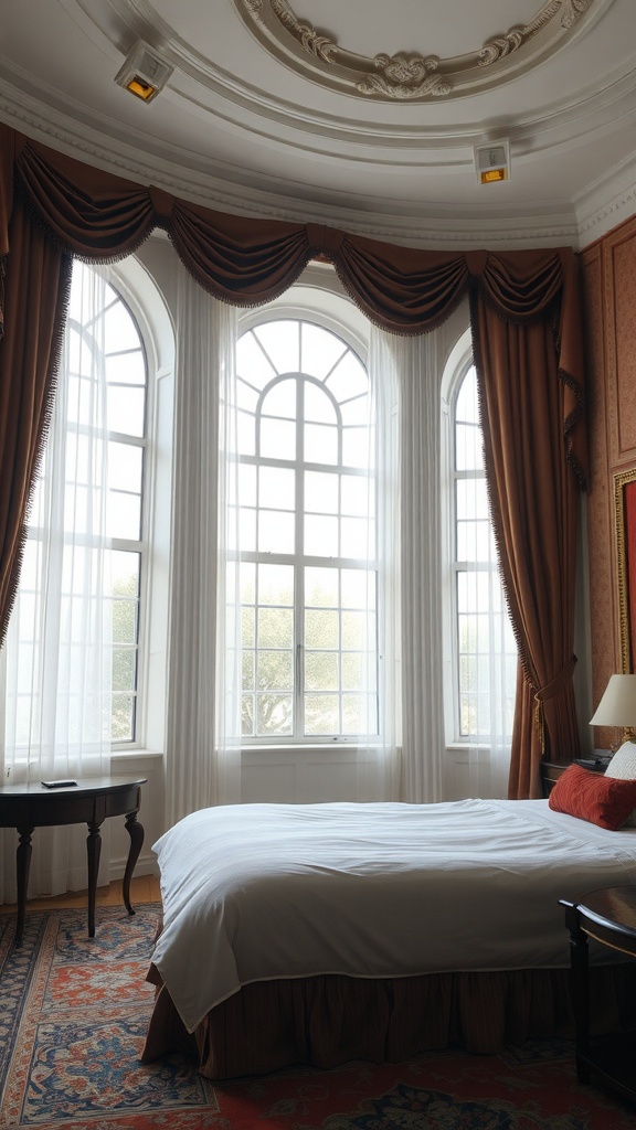 A luxurious bedroom featuring large arched windows with rich curtains, a plush bed, and elegant decor.