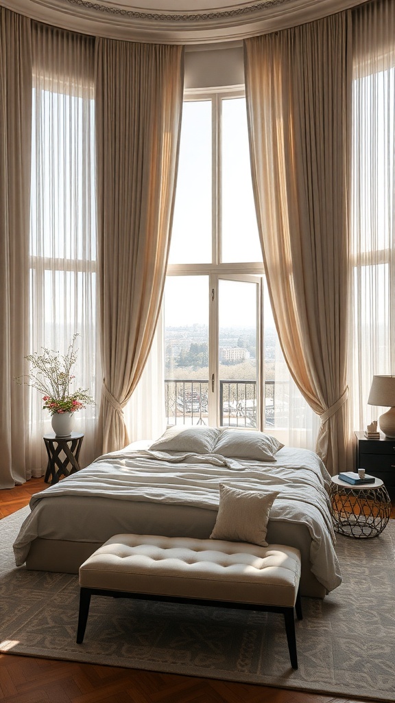 A luxurious bedroom featuring dramatic window treatments with sheer curtains framing large windows.