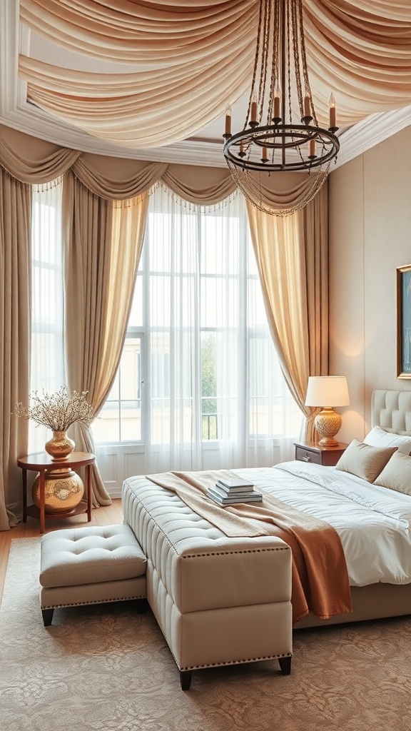 Luxurious bedroom with dramatic window treatments and elegant decor