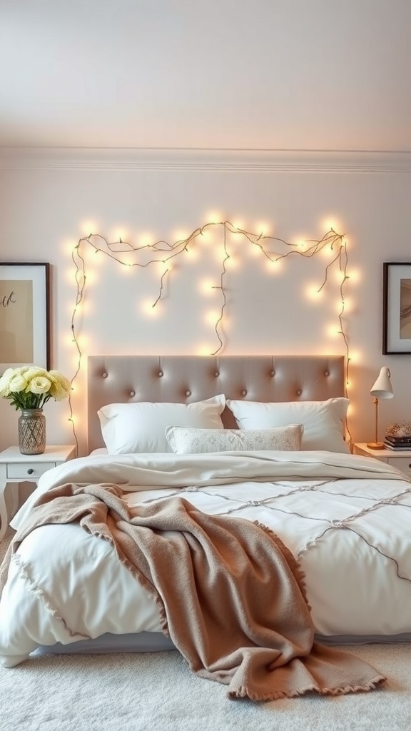 A cozy bedroom featuring a tufted headboard with fairy lights draped above it, soft bedding, and a warm throw.