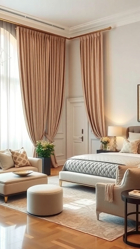 A stylish living room featuring elegant drapery, soft furniture, and decorative elements.