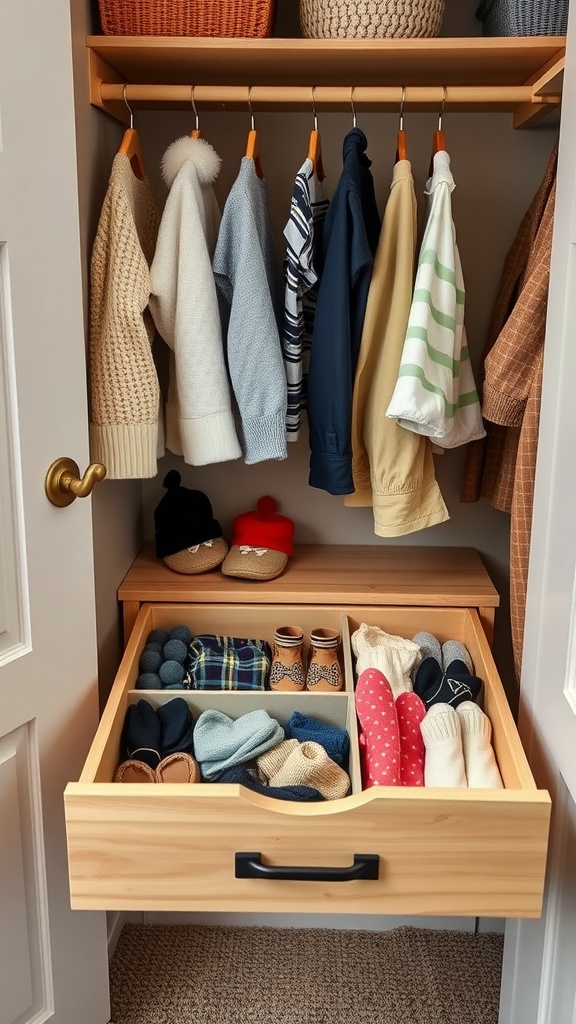 A toddler's closet drawer organized with dividers, showing socks, shoes, and hats.