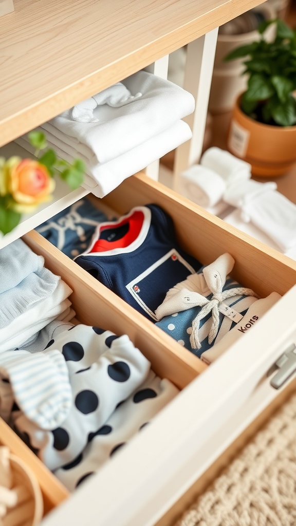 A neatly organized nursery dresser drawer with baby clothes divided into sections