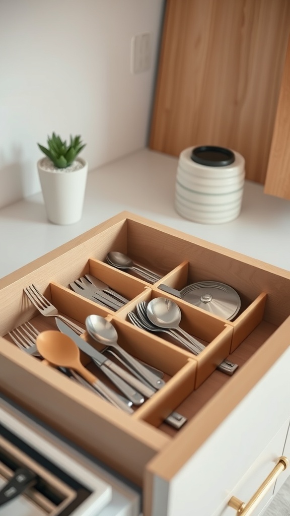 A neatly organized kitchen drawer with wooden dividers separating utensils.
