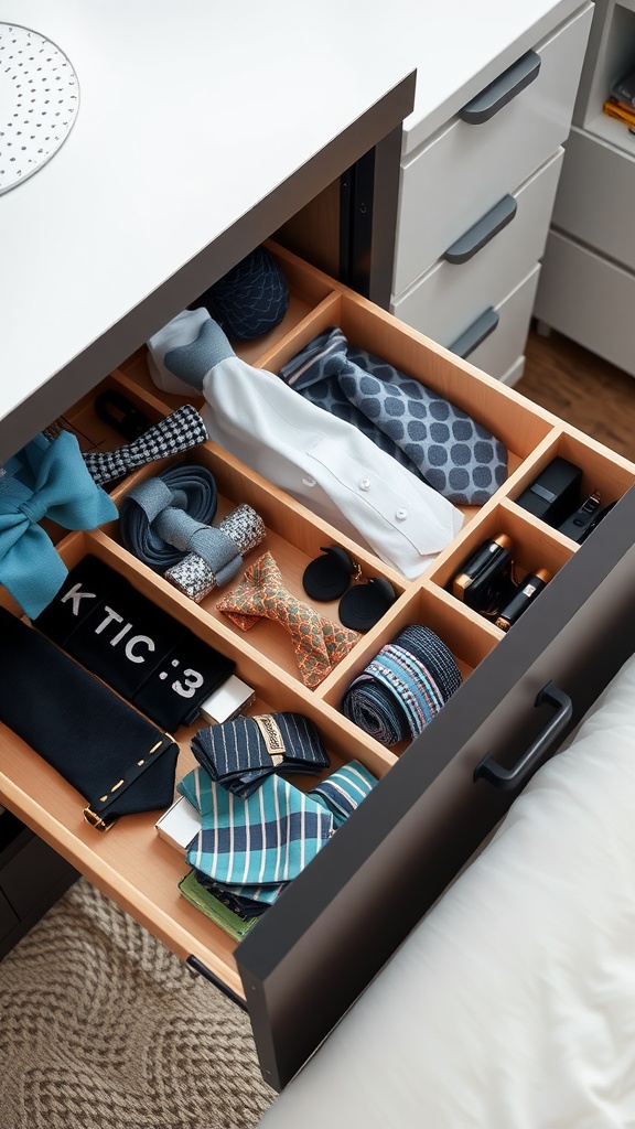Organized drawer with ties and accessories using dividers