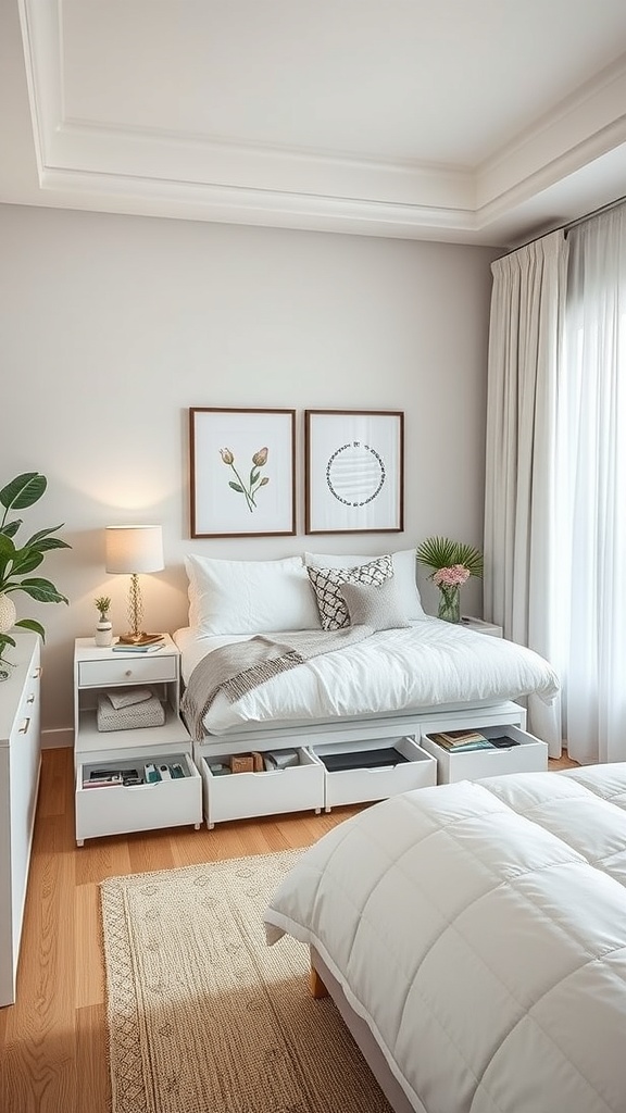 A cozy bedroom with a bed featuring built-in drawer units for storage.