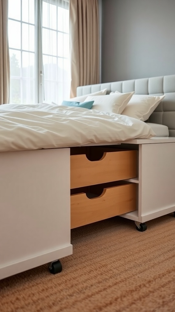 A stylish drawer unit on wheels placed under a bed, featuring wooden drawers.