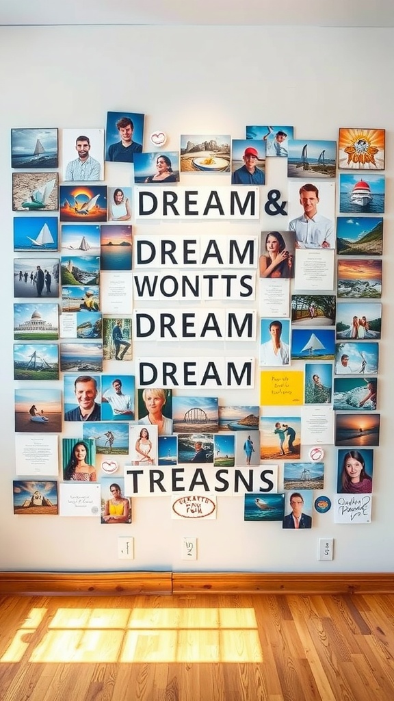 A vibrant dream board with photos and motivational quotes displaying the word 'DREAM' prominently