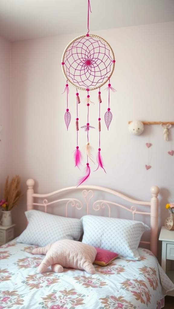 A pink dream catcher hangs above a neatly made bed with floral bedding and soft pillows