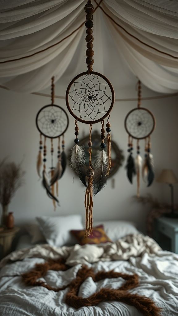 Dreamcatchers hanging in a cozy bedroom with soft bedding and warm textiles.