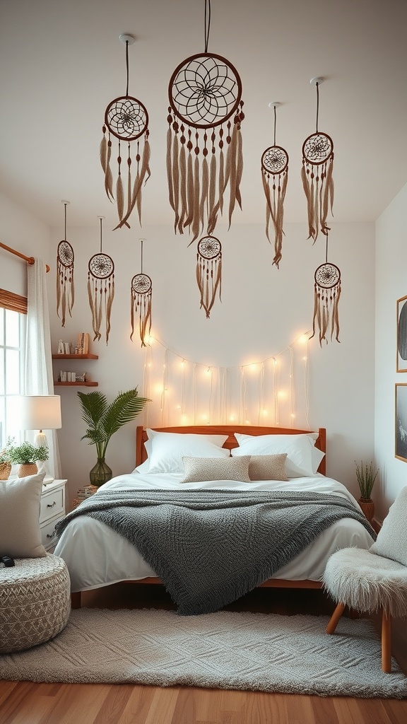 A cozy bedroom featuring multiple dreamcatchers hanging from the ceiling, with soft bedding and warm lighting.