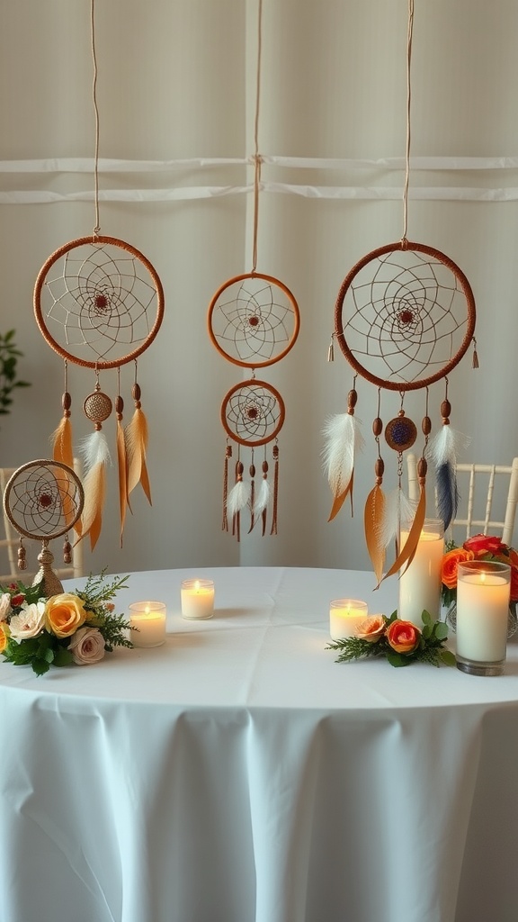 Boho-themed table with dreamcatchers and candles for a baby shower.