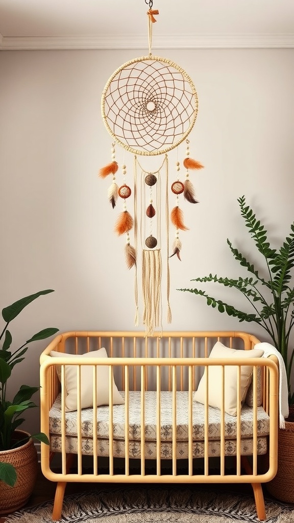 A cozy boho nursery featuring a dreamcatcher wall art above a wooden crib with plants.