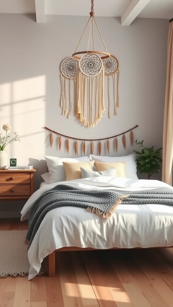 A cozy boho bedroom featuring dreamcatchers hanging above a neatly made bed with decorative pillows and a warm blanket.