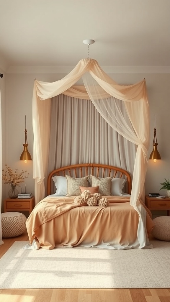 A cozy bedroom featuring a bed with a soft canopy, warm bedding, and inviting decor.