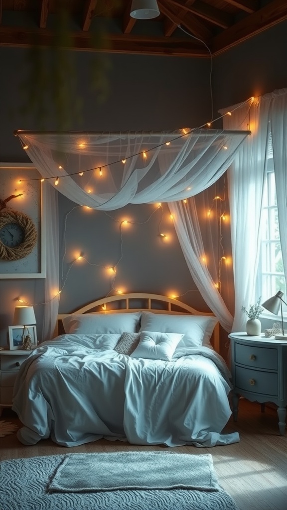A cozy bedroom with a canopy above the bed and string lights creating a warm atmosphere.