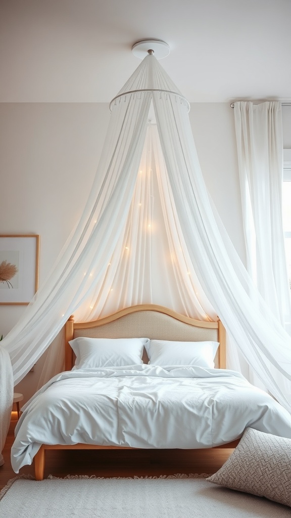 A cozy bedroom featuring a canopy bed draped in white fabric with fairy lights.