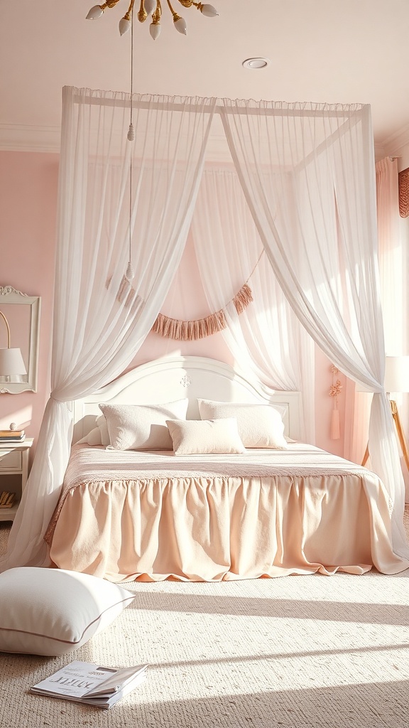A cozy girly room featuring a dreamy canopy bed with soft pink and white colors, plush pillows, and natural light.